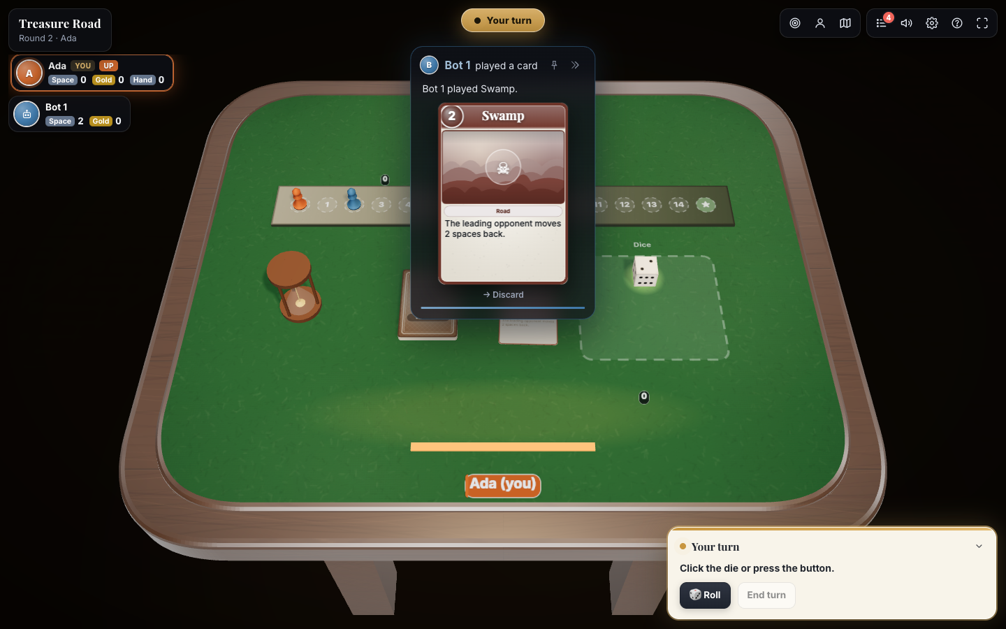 Spotlight showing a card another player just played, with the matching game-log line